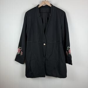 Chico’s Floral Embroidered Ponte Long Jacket Coat 2 US L Black One Button Boho